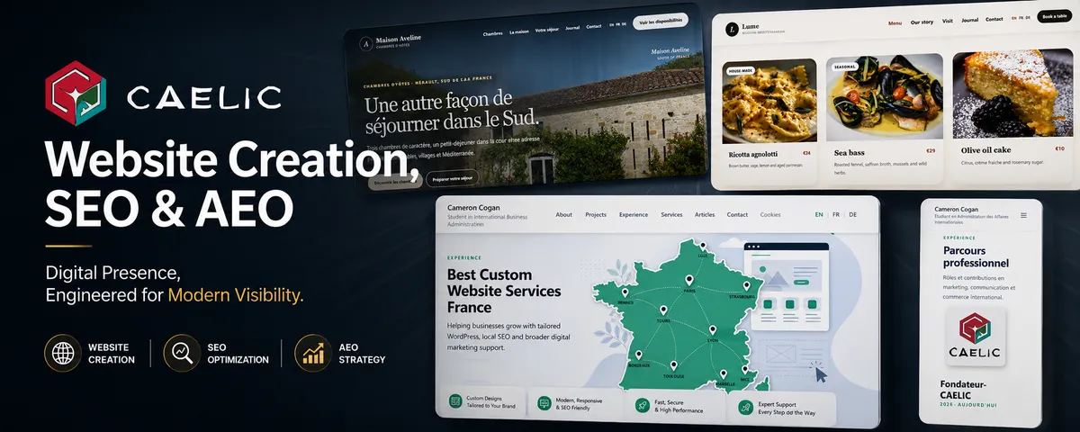 CAELIC website creation, SEO and AEO portfolio showcase featuring multilingual website designs