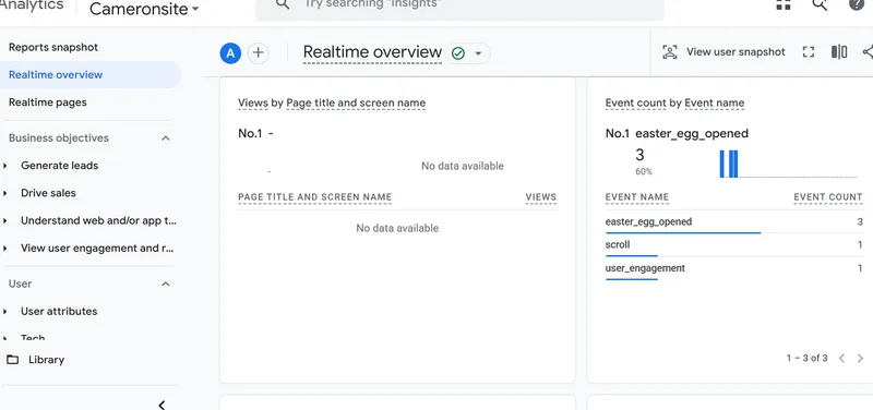 Google Analytics Dashboard showing custom event tracking for cameroncogan.com